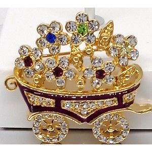Flower Cart Brooch Pin Rhinestones Red Enamel Gold Tone Metal Shiny Sparkly!